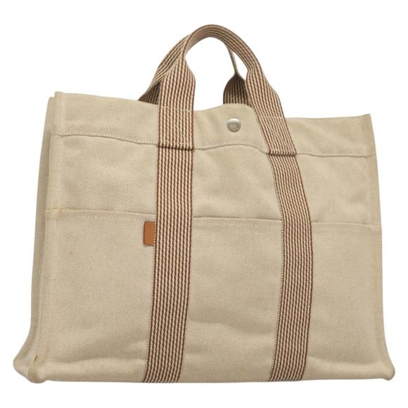 HERMES New Fourre ToutMM Hand Bag Canvas Beige Silver Auth 135646 - Picture 1 of 16